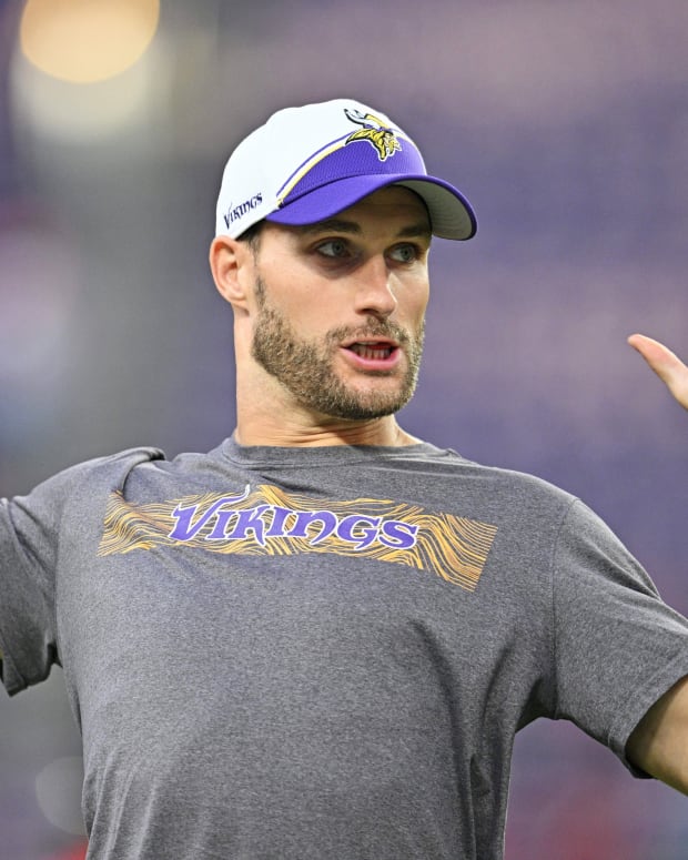 Oct 23, 2023; Minneapolis, Minnesota, USA; Minnesota Vikings quarterback Kirk Cousins (8) warms up before the game against the San Francisco 49ers at U.S. Bank Stadium.